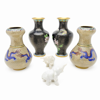Chinese Cloisonné Vases and White Stone Figurines