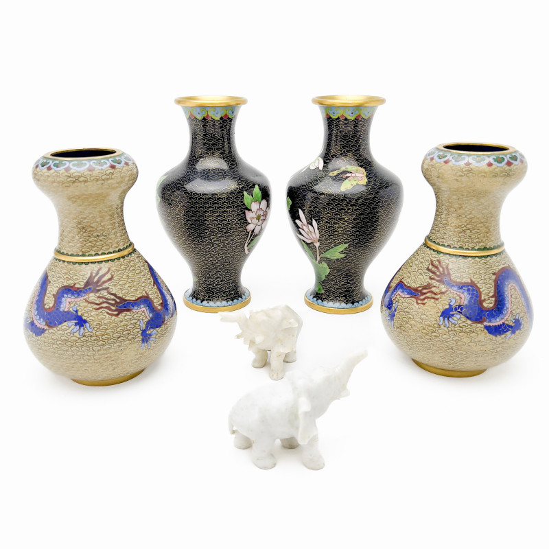 Chinese Cloisonné Vases and White Stone Figurines