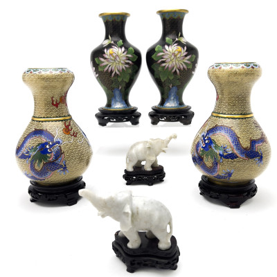 Image for Lot Chinese Cloisonné Vases and White Stone Figurines
