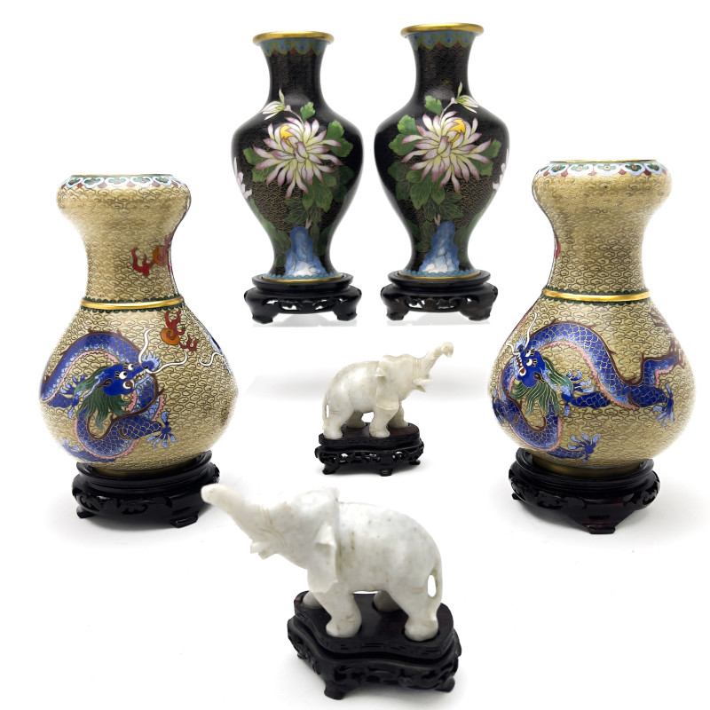 Chinese Cloisonné Vases and White Stone Figurines