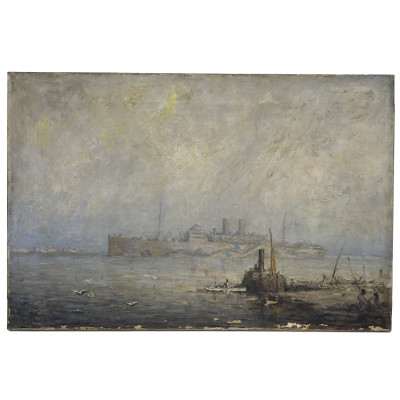 Image for Lot Unknown Artist - Untitled (Twin Funnel Ship Coming Into Port)