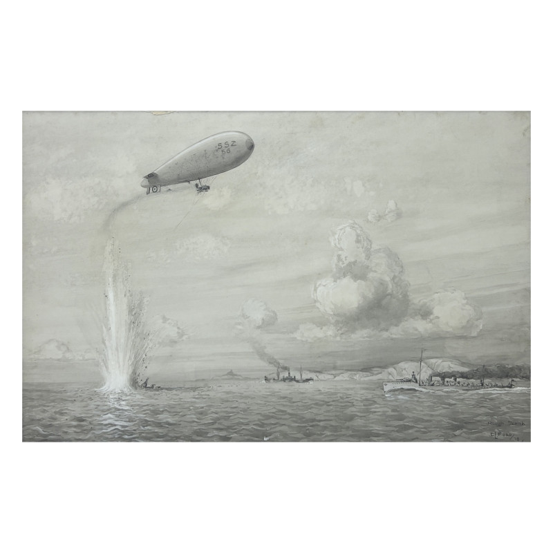 Unknown Artist - British Airship Bombing a Submarine