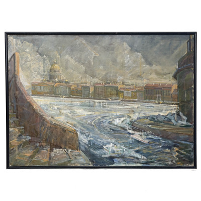 Ice Break on the Neva Painting signed S. Daniel