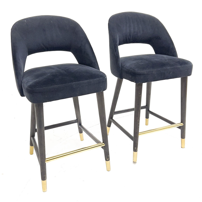 A pair of birch and velvet bar stools