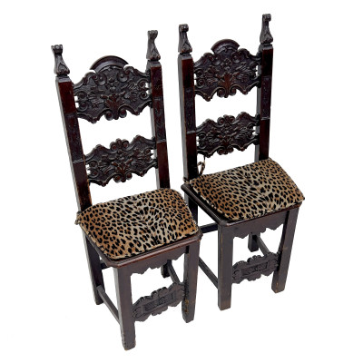 2 Spanish Baroque Style Chairs with Cheetah Print Cushions