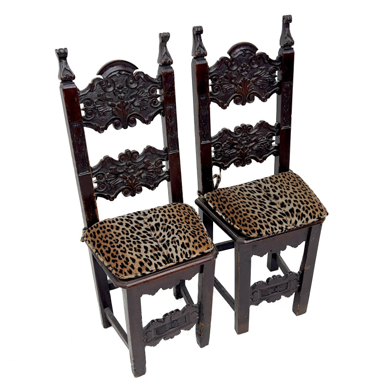 2 Spanish Baroque Style Chairs with Cheetah Print Cushions