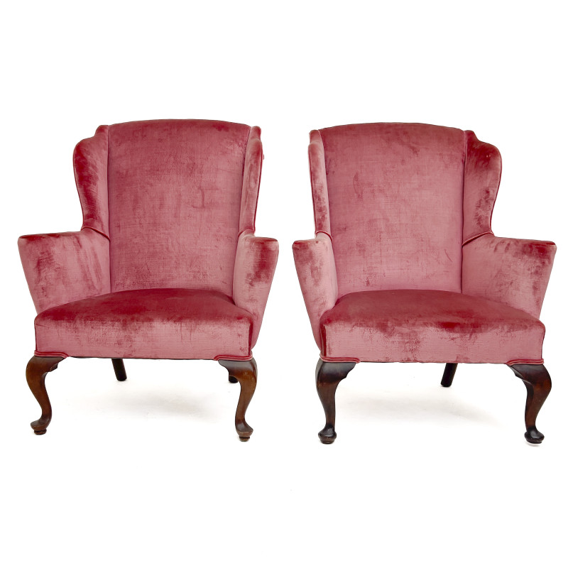A Pair of Queen Anne Style Pink Fireside Chairs