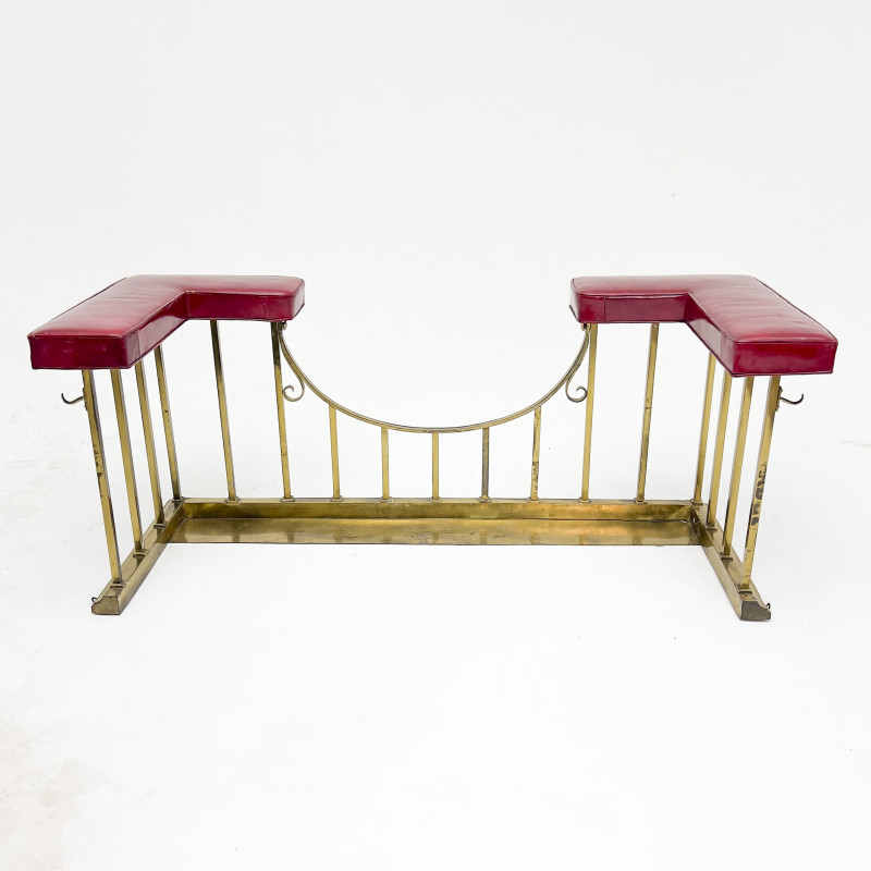 A Neoclassical Style Brass and Leather Club Fireplace Fender
