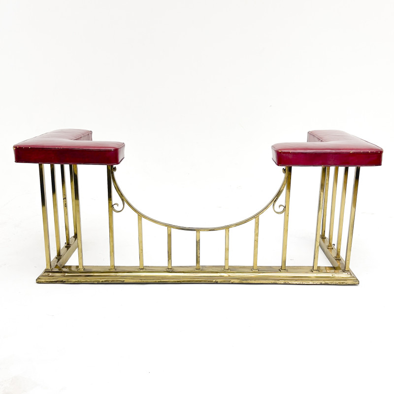 A Neoclassical Style Brass and Leather Club Fireplace Fender