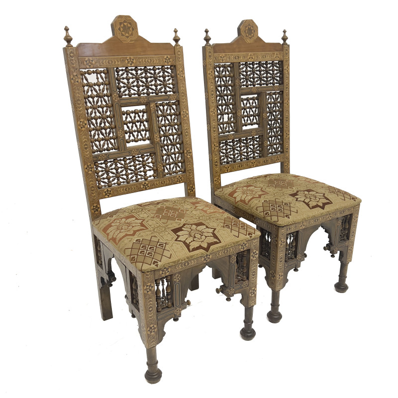 A Pair of Moroccan Carved Walnut Chairs