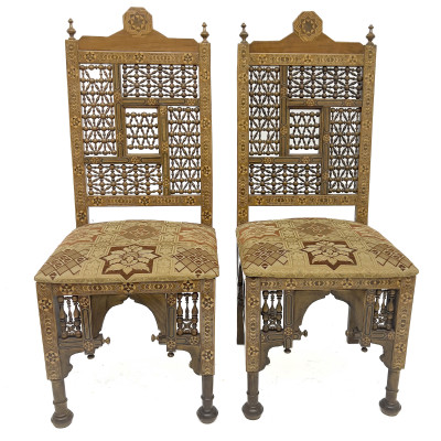A Pair of Moroccan Carved Walnut Chairs