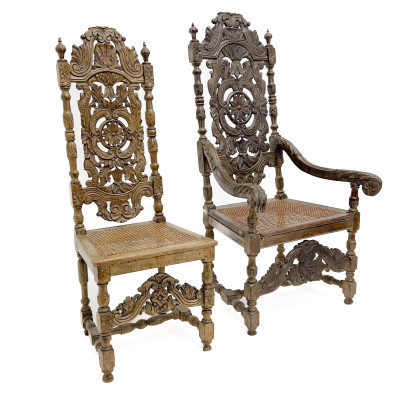 6 carved wood chairs with cane seats