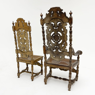 6 carved wood chairs with cane seats