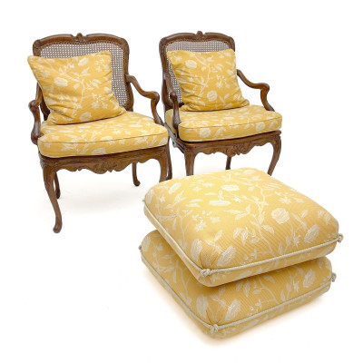 Image for Lot A Pair of 19th-Century French Louis XV Style Caned Bergères and a Contemporary Ottoman