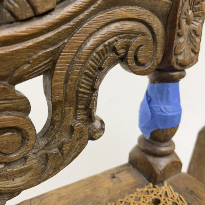 6 carved wood chairs with cane seats