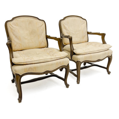 Image for Lot A Pair of Louis XV Style Carved Wood Upholstered Fauteuils
