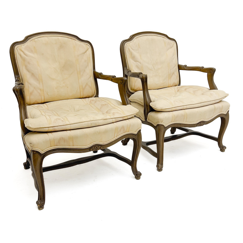 A Pair of Louis XV Style Carved Wood Upholstered Fauteuils