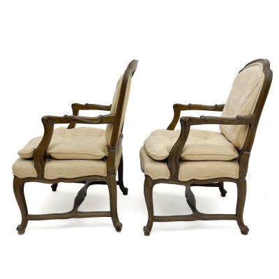 A Pair of Louis XV Style Carved Wood Upholstered Fauteuils