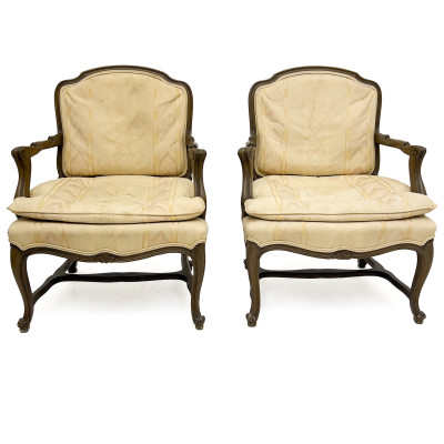 A Pair of Louis XV Style Carved Wood Upholstered Fauteuils