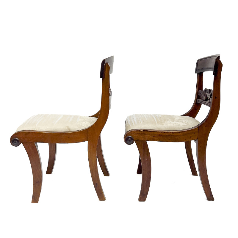 A Pair of Regency Style Swan-Carved Upholstered Side Chairs