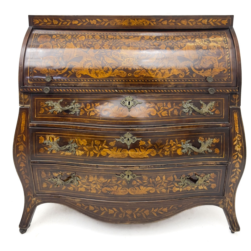 Dutch Rococo Style Marquetry Cylinder Desk