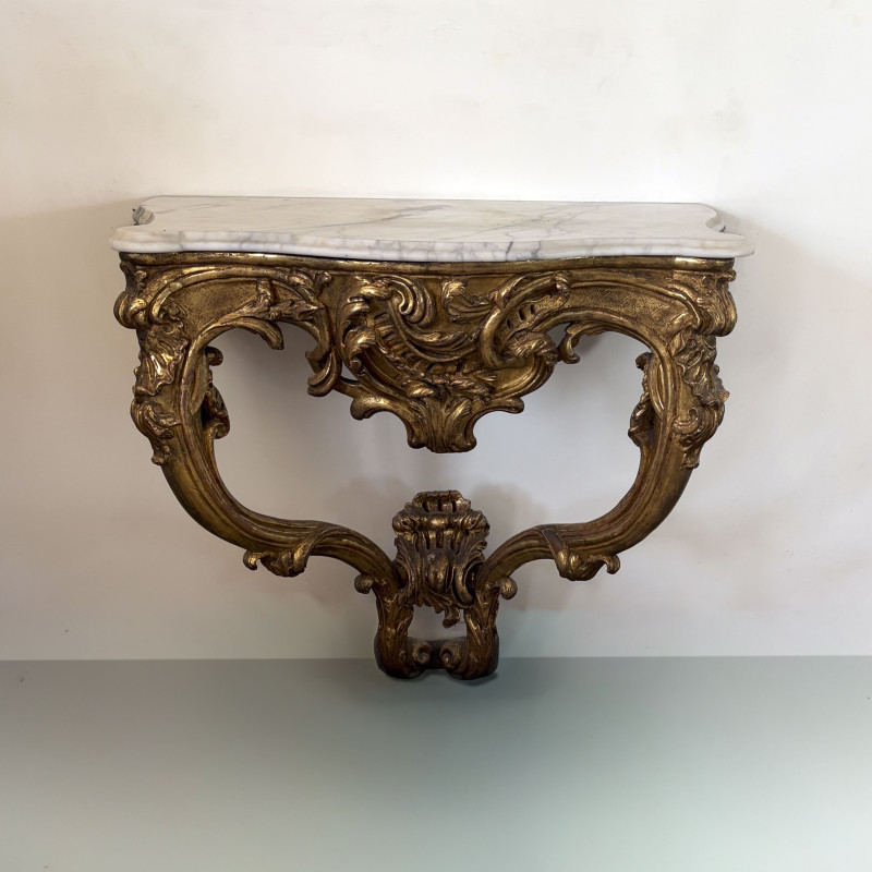 A Louis XV Giltwood and Marble-Top Hanging Console Table