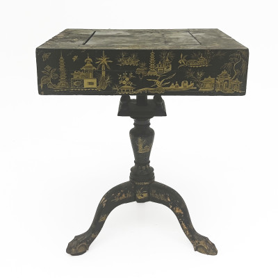Image for Lot A Regency Style Black Lacquered and Chinoiserie Birdcage Tilt-Top Games Table