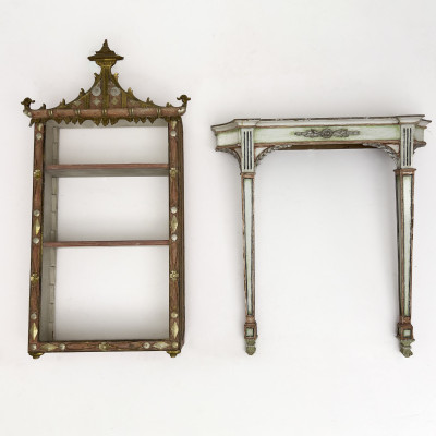 Image for Lot A Venetian Chinoiserie Painted and Parcel-Gilt Hanging Shelf and an Accompanied Italian Neoclassical Style Console Table