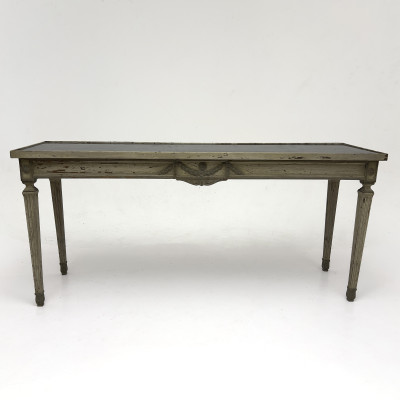 A Neoclassical Style Patinated Wood and Fumé Glass Console Table