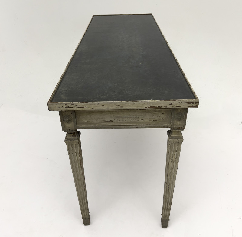 A Neoclassical Style Patinated Wood and Fumé Glass Console Table