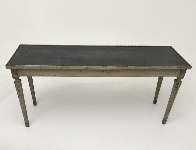 A Neoclassical Style Patinated Wood and Fumé Glass Console Table