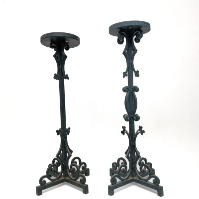 Image for Lot Near Pair Gothic Revival Wrought Iron Pedestal Stands