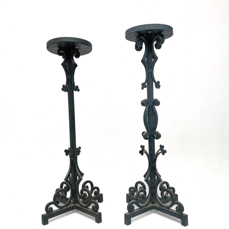 Near Pair Gothic Revival Wrought Iron Pedestal Stands