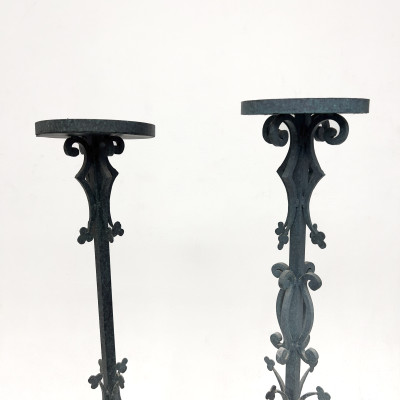 Near Pair Gothic Revival Wrought Iron Pedestal Stands