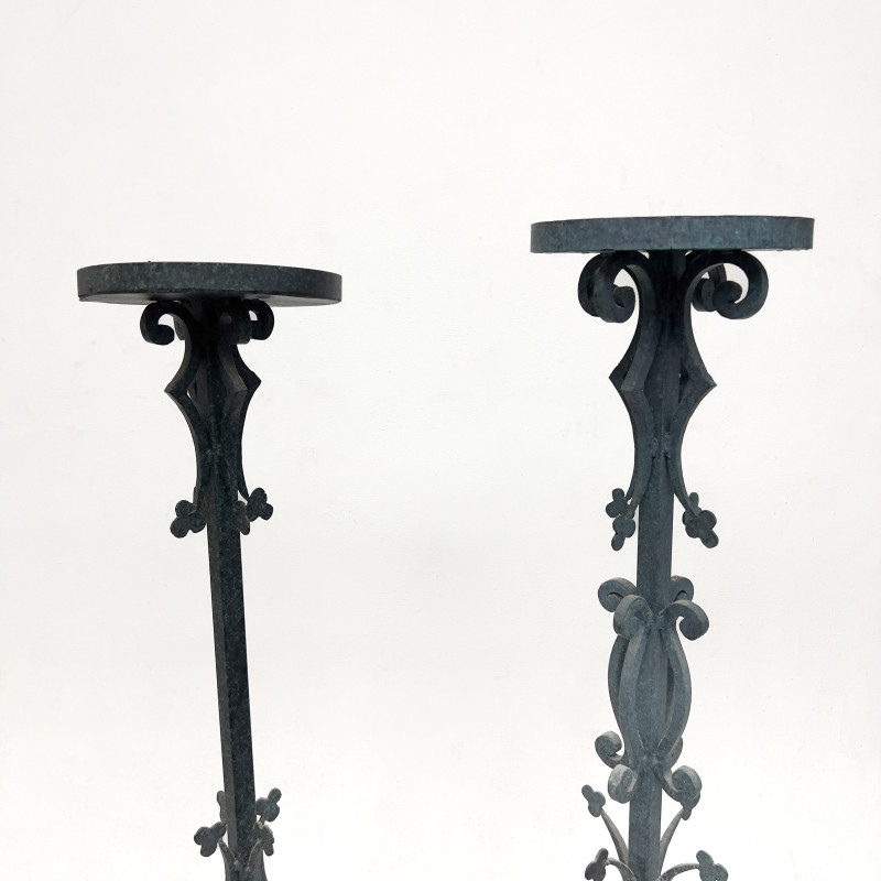 Near Pair Gothic Revival Wrought Iron Pedestal Stands