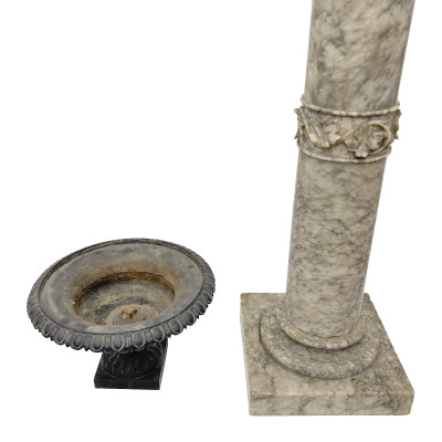 Continental Classical Revival Alabaster Column and Cast Iron Urn