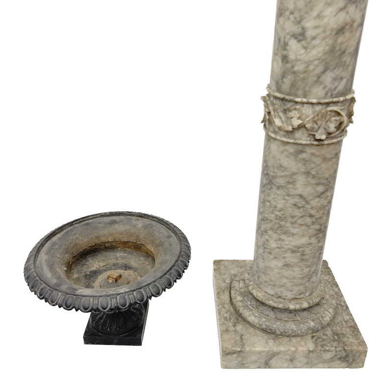 Continental Classical Revival Alabaster Column and Cast Iron Urn