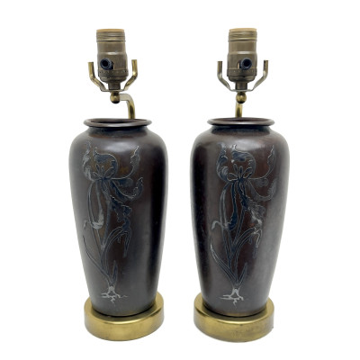 Image for Lot Pair of Japanese Art Nouveau Mixed-Metal Ovoid Vases Mounted as Table Lamps