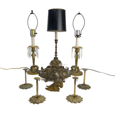Image for Lot Assembled Brass Lighting, Ormolu Mount, and Jardinière Group