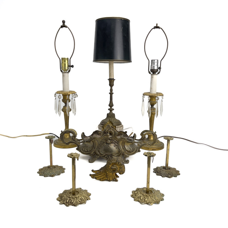 Assembled Brass Lighting, Ormolu Mount, and Jardinière Group