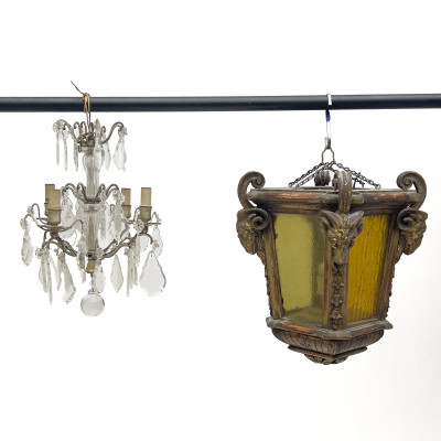 Image for Lot Louis XV Style Chandelier and Gothic Revival Giltwood Lantern