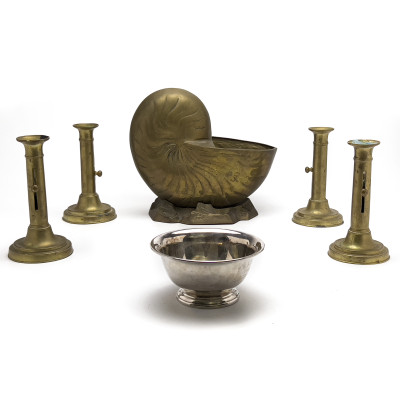 Image for Lot Brass Nautilus and Push Up Candlestick Group