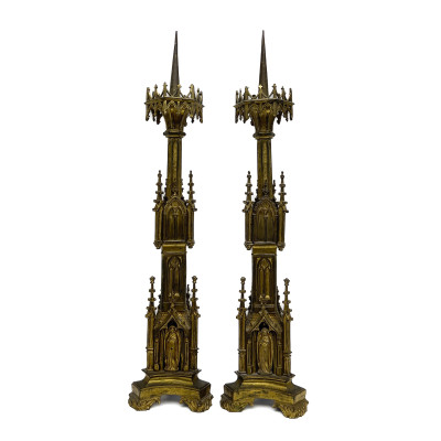 Image for Lot A Pair of Gothic Revival Gilt-Bronze Pricket Candlesticks