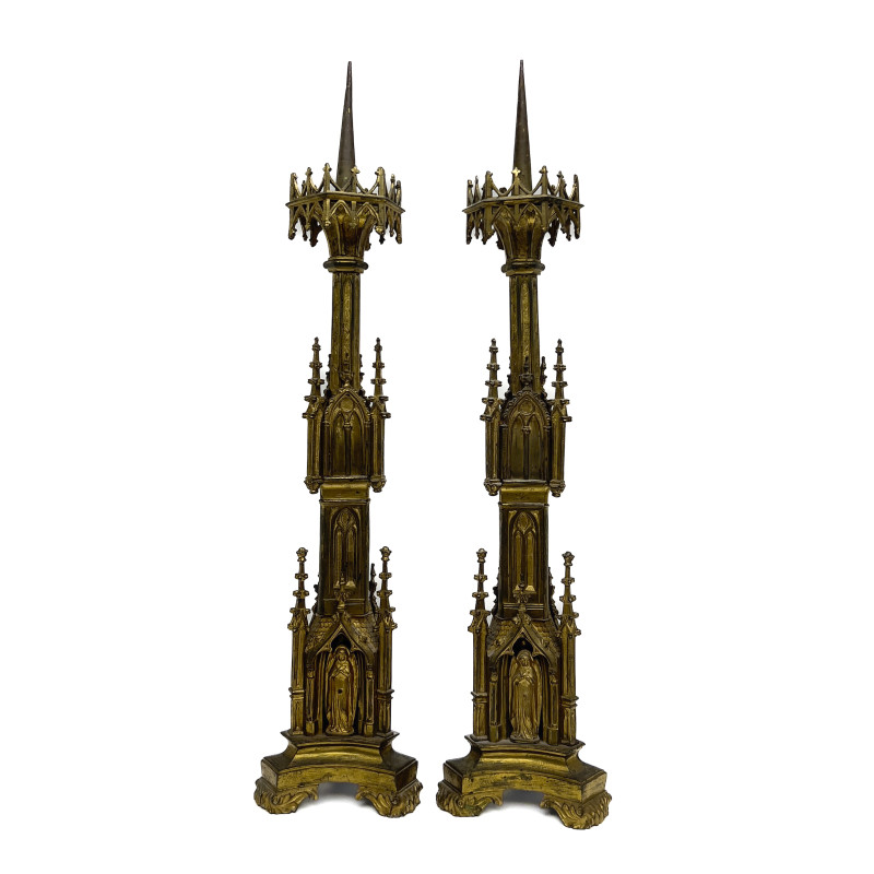 A Pair of Gothic Revival Gilt-Bronze Pricket Candlesticks
