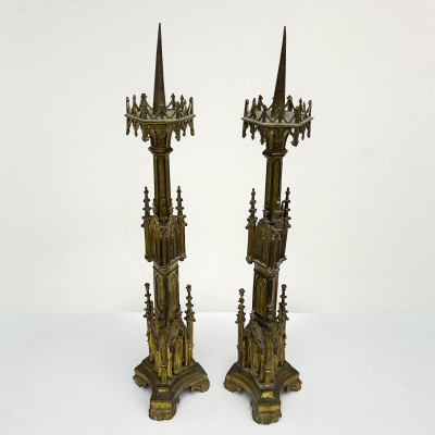 A Pair of Gothic Revival Gilt-Bronze Pricket Candlesticks