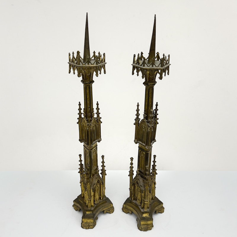 A Pair of Gothic Revival Gilt-Bronze Pricket Candlesticks