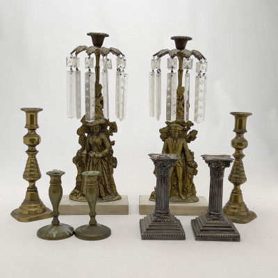 Image for Lot Assembled Group of Brass and Silver Candlesticks