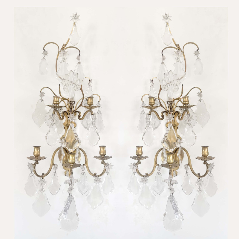 A Pair of Louis XV Style Gilt-Bronze and Crystal Five-Light Candle Sconces