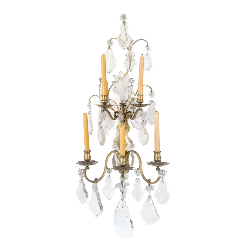 A Pair of Louis XV Style Gilt-Bronze and Crystal Five-Light Candle Sconces