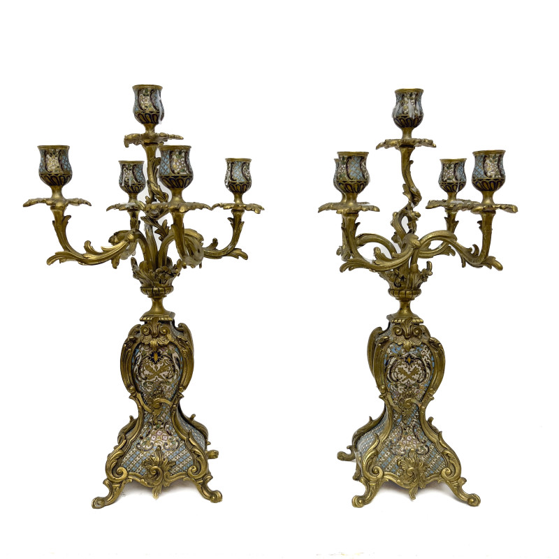 Rococo Revival Brass and Champlevé Enamel Candelabra
